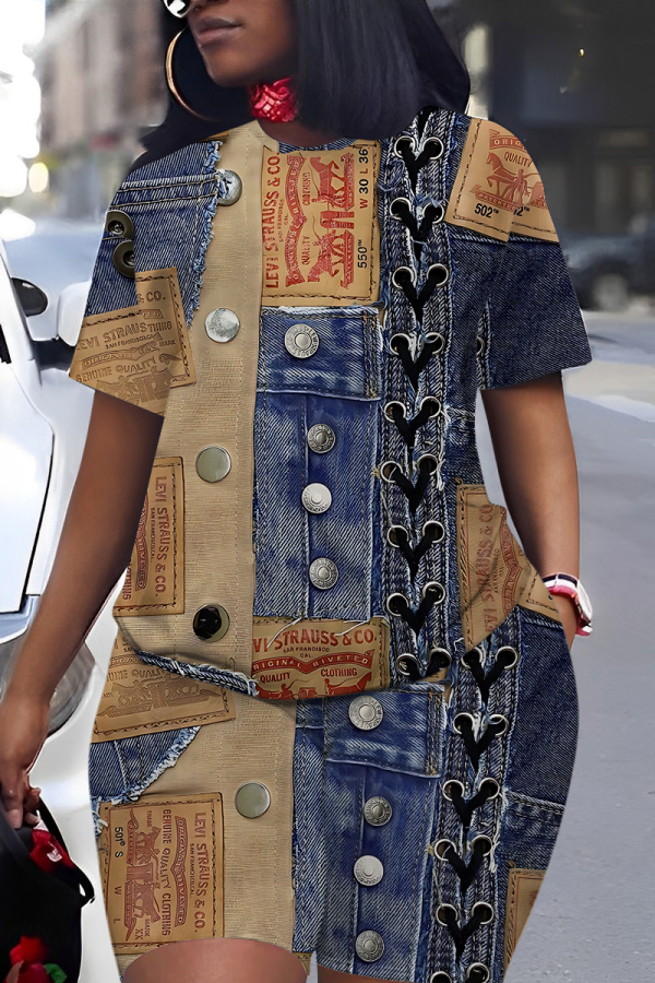 Denim Blue Faux Denim Print O Neck Short Sleeve Oversize T Shirt And Shorts Set Casual Sportwear Plus Size Two Piece Matching Set