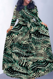 Brown Animal Geometric Print Deep O Neck 3/4 Sleeve Strap Design Belted Floor Length Plus Size Vacation Loose A Line Maxi Dress