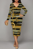 White Green Chain Geometric Print V Neck Long Sleeve Casual Street Fall Outings Bodycon Pencil Midi Dress