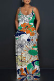 Dark Green Floral Print Sleeveless O Neck Floor Length Casual Vacation Baggy Sundress Maxi Slip Dresses