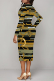 White Green Chain Geometric Print V Neck Long Sleeve Casual Street Fall Outings Bodycon Pencil Midi Dress