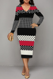 White Green Chain Geometric Print V Neck Long Sleeve Casual Street Fall Outings Bodycon Pencil Midi Dress