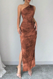 Light Brown Floral Print Sleeveless Backless Oblique Collar Slit Formal Evening Party Prom Bodycon Maxi Dresses