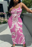 Blue Graphics Print Sleeveless Backless Summer Outings Vacation Bodycon Maxi Slip Dress