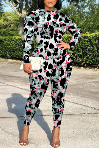 Red Leopard Print O Neck Long Sleeve T-shirt And Skinny Pants Casual Outing Two Pieces Jogger Sets