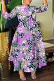 Teal Graphcis Print O Neck 3/4 Sleeve Belted Waist Casual Outing Plus Size Straight Loose Maxi Dresses