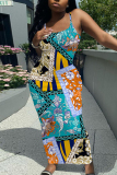 Blue Graphics Print Sleeveless Backless Summer Outings Vacation Bodycon Maxi Slip Dress