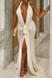White Deep V Neck Sleeveless Backless Front Knotted High Slit Floor Length Formal Evening Party Prom Maxi Halter Dresses