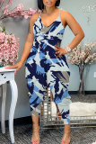 Navy Blue Vacation Loose Sexy Casual Graphics Print Backless Spaghetti Strap Cami Jumpsuits