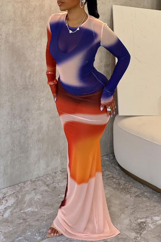 Color Ombre Print O Neck Long Sleeve Mermaid Hem Long Bodycon Maxi Dresses
