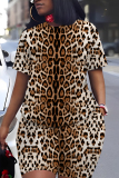 Brown Leopard Print O Neck Short Sleeve Oversize T Shirt And Shorts Set Casual Sportwear Plus Size Two Piece Matching Set