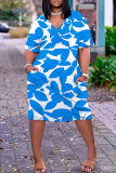 Multicolor Floral Print V Neck Long Sleeve Plus Size Loose Pockets Casual Outing Midi T-Shirt Dress
