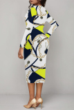 White Green Chain Geometric Print V Neck Long Sleeve Casual Street Fall Outings Bodycon Pencil Midi Dress