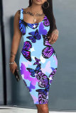 Pink Graphics Print U Neck Sleeveless Vacation Bodycon Midi Tank Dress
