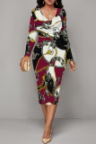 White Green Chain Geometric Print V Neck Long Sleeve Casual Street Fall Outings Bodycon Pencil Midi Dress