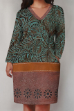 Brown Floral Print V Neck Long Sleeve Plus Size Loose Pockets Casual Outing Midi T-Shirt Dress