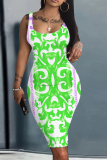 White Graphics Print U Neck Sleeveless Vacation Bodycon Midi Tank Dress