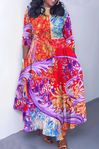 Light Purple Graphcis Print O Neck 3/4 Sleeve Belted Waist Casual Outing Plus Size Straight Loose Maxi Dresses