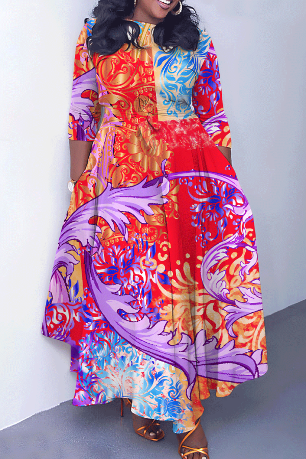 Light Purple Graphcis Print O Neck 3/4 Sleeve Belted Waist Casual Outing Plus Size Straight Loose Maxi Dresses