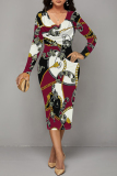 White Green Chain Geometric Print V Neck Long Sleeve Casual Street Fall Outings Bodycon Pencil Midi Dress
