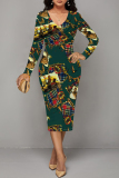 White Green Chain Geometric Print V Neck Long Sleeve Casual Street Fall Outings Bodycon Pencil Midi Dress