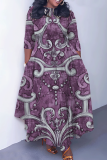 Light Purple Graphcis Print O Neck 3/4 Sleeve Belted Waist Casual Outing Plus Size Straight Loose Maxi Dresses