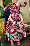 Teal Graphcis Print O Neck 3/4 Sleeve Belted Waist Casual Outing Plus Size Straight Loose Maxi Dresses