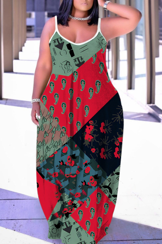 Red Graphics Print Sleeveless O Neck Floor Length Casual Vacation Baggy Sundress Maxi Slip Dresses