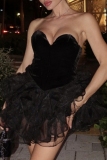 Black Backless Strapless Mesh Ruffled Layered Hem Formal Evening Party Prom Bodycon Velvet Tulle Mini Dresses