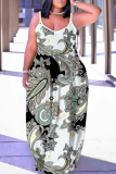 Red Graphics Print Sleeveless O Neck Floor Length Casual Vacation Baggy Sundress Maxi Slip Dresses