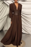 Brown Deep V Neck Long Sleeve With Belt Formal Evening Party Prom Ruched Pleated Maxi Dresses