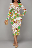 White Green Chain Geometric Print V Neck Long Sleeve Casual Street Fall Outings Bodycon Pencil Midi Dress