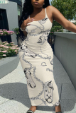 Blue Graphics Print Sleeveless Backless Summer Outings Vacation Bodycon Maxi Slip Dress