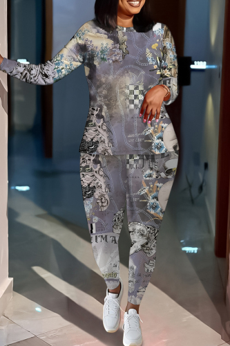 Yellow Graphics Print O Neck Long Sleeve Sweatshirt And Skinny Pants Sportwear Casual Two Pieces Tracksuit Sweatpants Set
