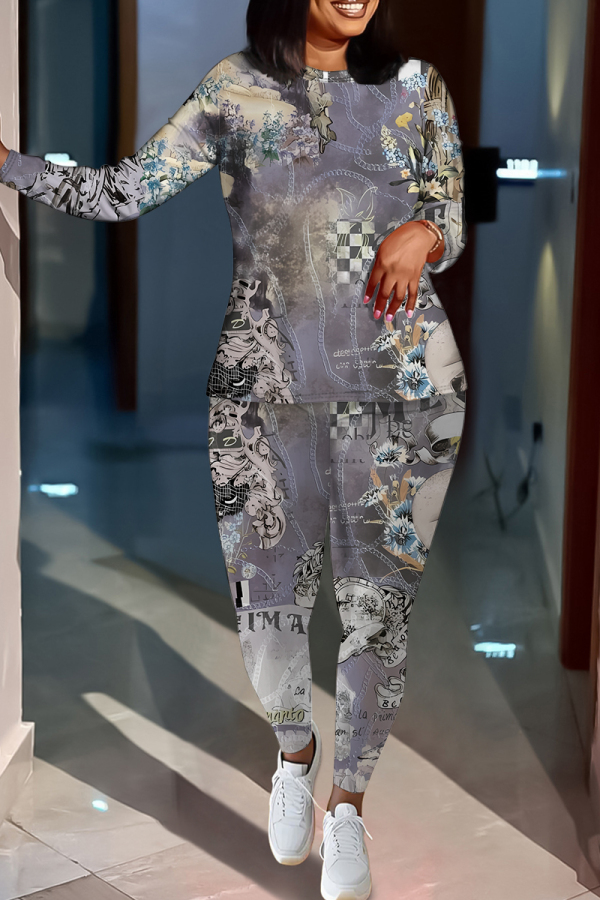 Yellow Graphics Print O Neck Long Sleeve Sweatshirt And Skinny Pants Sportwear Casual Two Pieces Tracksuit Sweatpants Set