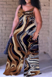 Brown Geometric Print Sleeveless Backless Spaghetti Strap Casual Outing Plus Size Wide Leg Jumpsuit
