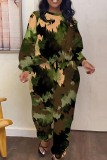 White Brown Stripe Camouflage Print O Neck Long Sleeve Sweatshirt And Draw String Pocket Pants Sportwear Casual Two Pieces Tracksuit Sweatpants Set
