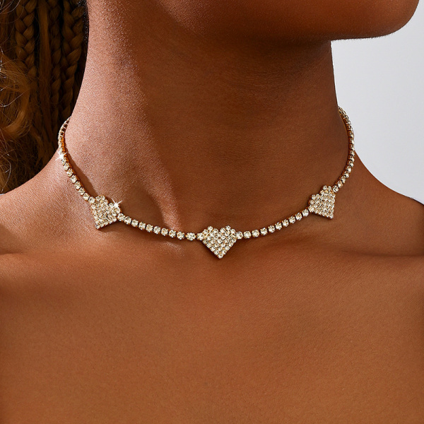 Gold Rhinestone Decor Heart Star Pendant Choker Necklace