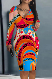Leopard Camouflage Print V Neck Long Sleeve Casual Outing Bodycon Pencil Midi Dress