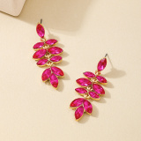Rose Red Gemstone Dangling Drop Leaf Wheat Ear Earrings