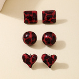 Red Casual Round Heart-shaped Square Earrings Three Piece Set