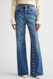 Blue High Waist Buckle Slit Casual Straight Leg Denim Jeans