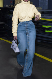 Blue High Waist Buckle Slit Casual Straight Leg Denim Jeans