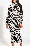 Color Street Stripe Splashed Ink Print Half A Turtleneck Long Sleeve Bodycon Maxi Dresses