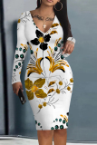 Purple Floral Print V Neck Long Sleeve Casual Outing Bodycon Pencil Midi Dress