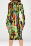 Blue Heart Pattern Geometric Print V Neck Long Sleeve Casual Outing Bodycon Pencil Midi Dress