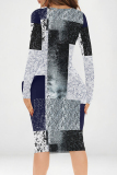 Green Geometric Print V Neck Long Sleeve Casual Outing Bodycon Pencil Midi Dress