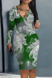 Red Green Graffiti Print V Neck Long Sleeve Casual Outing Bodycon Pencil Midi Dress