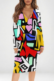 Red Green Graffiti Print V Neck Long Sleeve Casual Outing Bodycon Pencil Midi Dress