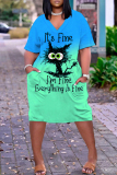 Teal Casual Letters Flowers Animal Print Basic V Neck Long Sleeve Loose Pockets Straight Midi T-Shirt Dress